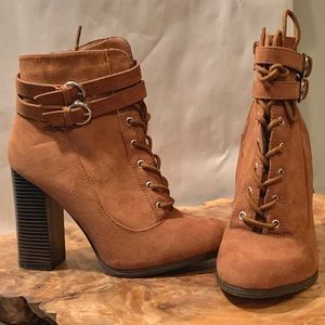 Justfab Devorah Tan Lace-up Buckle Ankle Booties